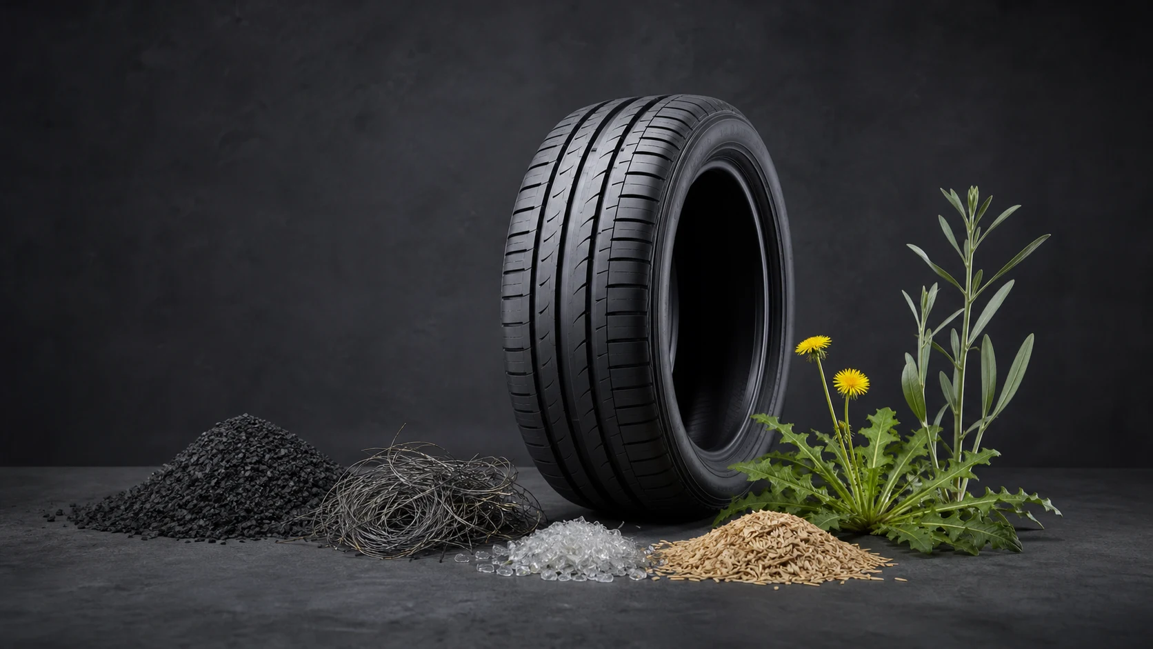 Modern passenger tyre with recycled rubber, steel, PET, rice husks and alternative rubber plants